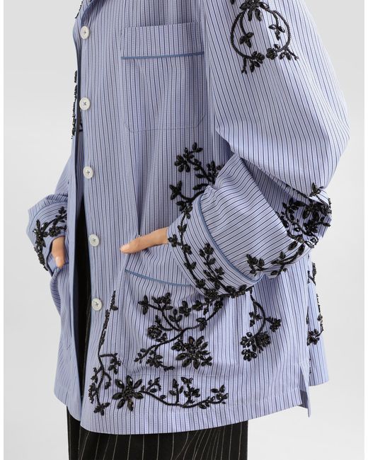 Dolce & Gabbana Blue Cotton Vanity Shirt With Flowers Embroidery