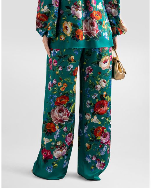 Dolce & Gabbana Green Rose-Print Satin Vanity Trousers