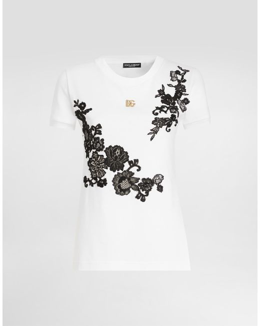 Dolce & Gabbana White Jersey T-Shirt With Dg Logo Pin And Lace Details