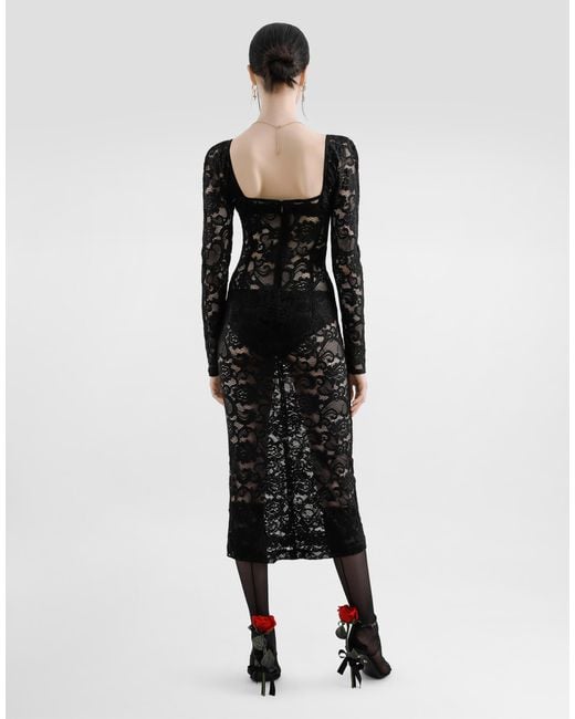 Dolce & Gabbana Black Calf-Length Floral Lace Dress With Bra-Style Cups