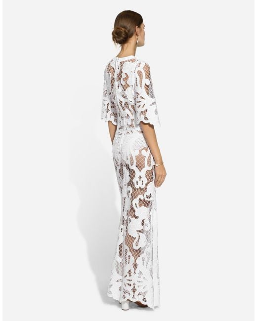 Dolce & Gabbana White Long Dress With Openwork Embroidery