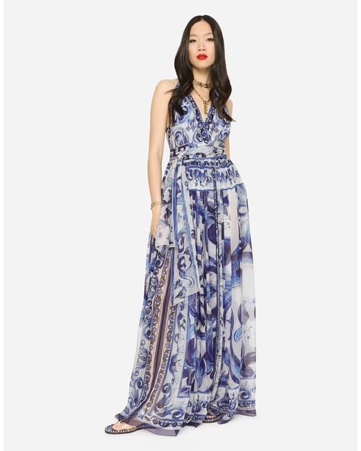 Dolce & Gabbana Blue Long Sleeveless Silk Chiffon Dress With Majolica Print