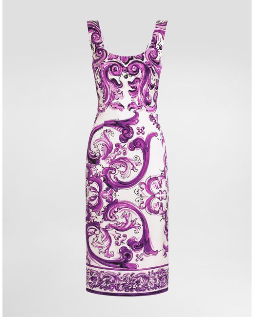 Dolce & Gabbana Purple Majolica-Print Long Charmeuse Dress