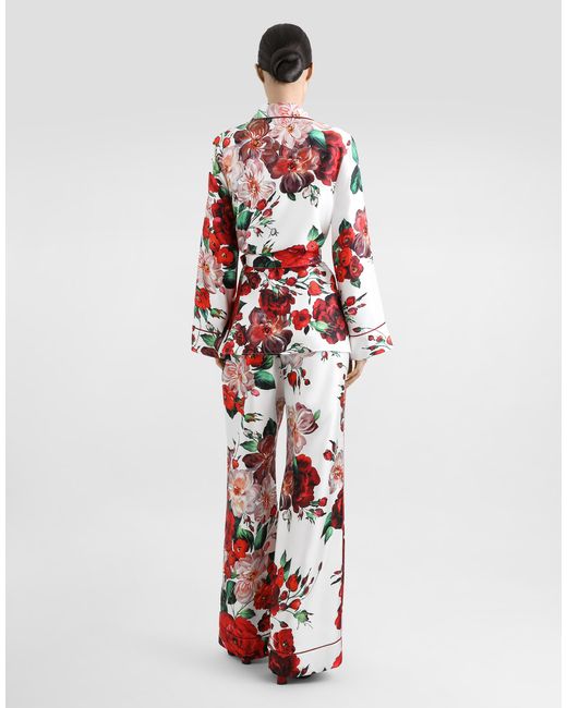 Dolce & Gabbana Red Long-Sleeved Twill Pajama Shirt With Rose