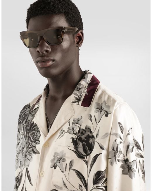 Dolce & Gabbana White Flower Bouquet-Print Twill Shirt for men