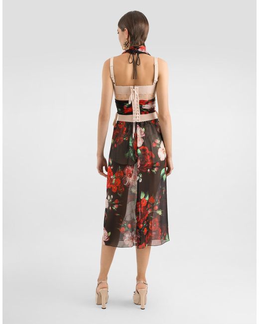 Dolce & Gabbana Red Marquisette And Chiffon Corset Top With Floral