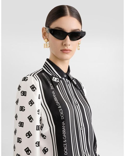 Camisa De Sarga De Seda Con Estampado Integral Dg Dolce & Gabbana de color Black