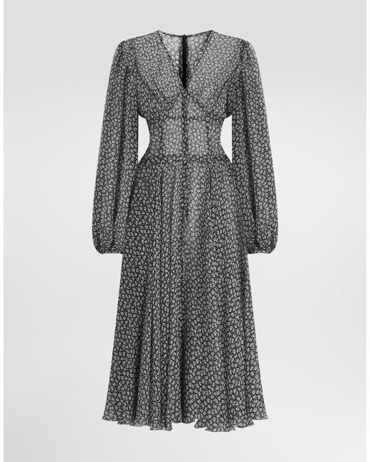 Dolce & Gabbana Gray Daisy-Print Chiffon Dress