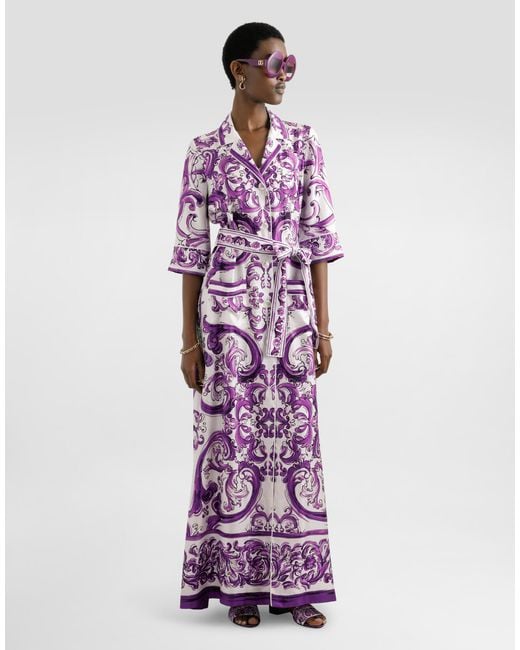 Long Majolica-Print Silk Dressing Robe Dolce & Gabbana en coloris Purple