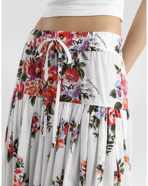 Dolce & Gabbana White Flower Bouquet-Print Poplin Long Skirt