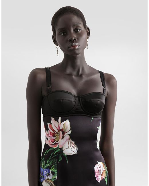 Dolce & Gabbana White Slip Dress Mit Bh-Detail Aus Satin Blumenprint