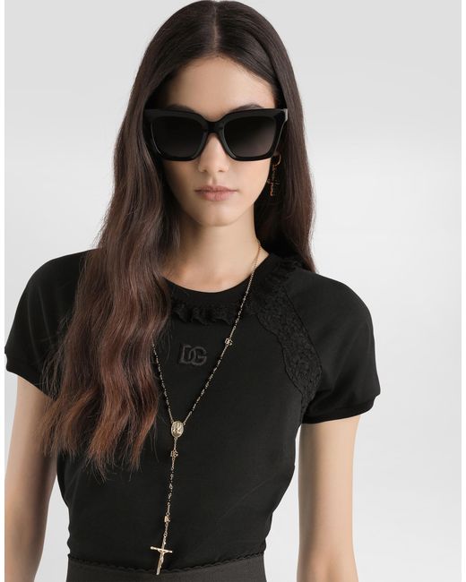 Dolce & Gabbana Black Jersey T-Shirt With Lace And Embroidery
