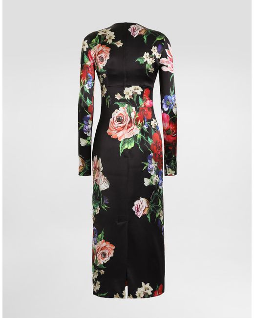 Dolce & Gabbana White Satin Calf-Length Round-Neck Dress With Floral