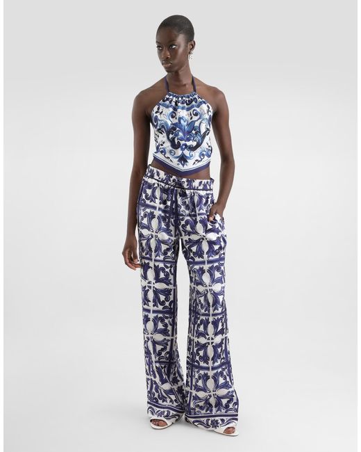 Dg Exclusive Pantalon Vanity En Sergé De Soie À Majoliques Dolce & Gabbana en coloris Blue