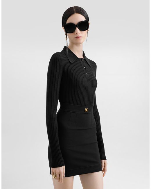 Dolce & Gabbana Black Ribbed Wool Polo-Style Sweater