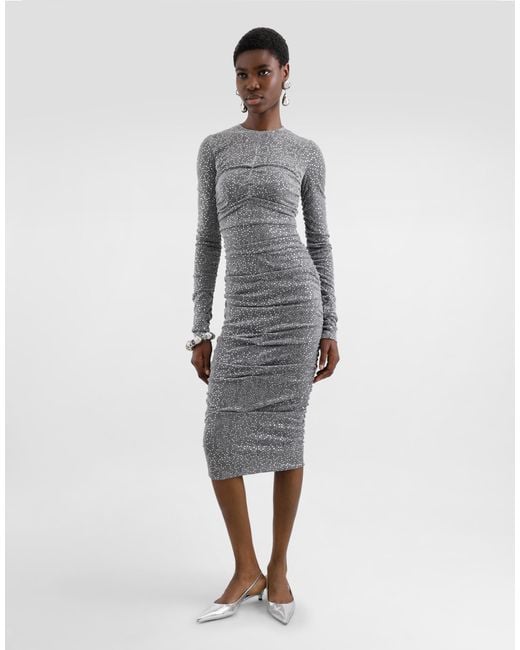 Dolce & Gabbana Gray Sequined Draped Calf-Length Dress