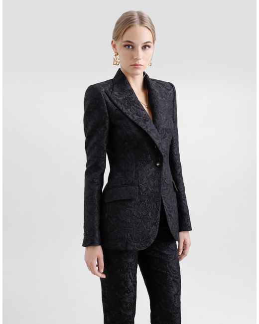 Dolce & Gabbana Black Einreihige Turlington-Jacke Aus Floralem Matelassé-Jacquard