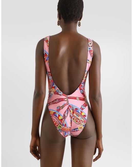 Dolce & Gabbana White Carretto-Print One-Piece Swimsuit