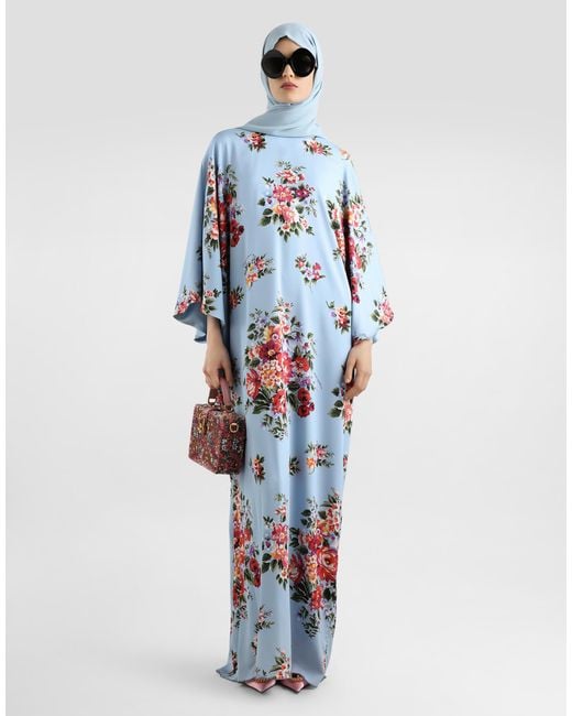 Dolce & Gabbana Blue Flower Bouquet-Print Long Charmeuse Dress