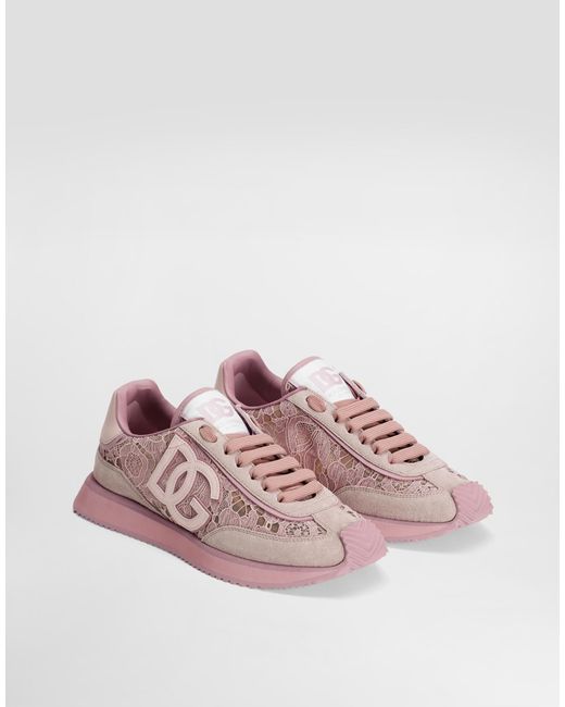 Dolce & Gabbana Pink Sneakers Dg Cushion Aus Spitze Und Kalbsleder