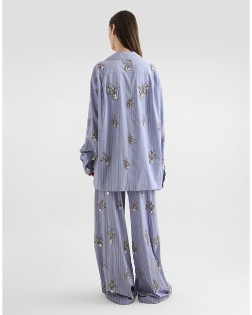 Dolce & Gabbana Blue Poplin Trousers With Floral Embroidery