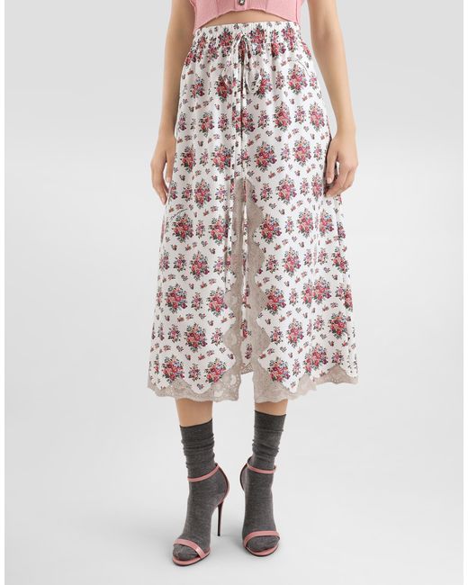 Dolce & Gabbana White Small Flower Bouquets-Print Midi Skirt