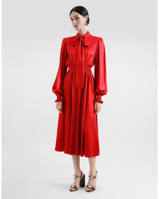Dolce & Gabbana Red Silk Satin Shirt Dress With Pussy-Bow