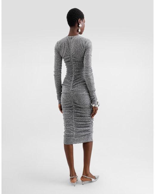 Dolce & Gabbana Gray Sequined Draped Calf-Length Dress