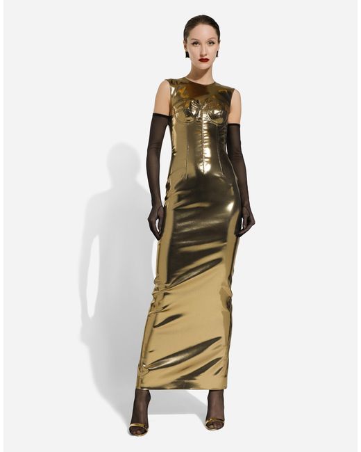Dolce & Gabbana Long Foiled Satin Corset Dress in Green | Lyst