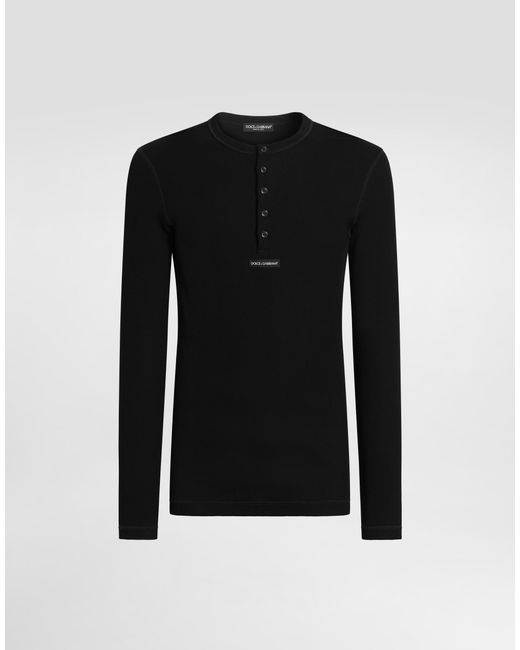 Dolce & Gabbana Black Serafino Jersey T-Shirt With Logo for men