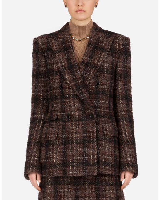 Dolce & Gabbana Double-breasted Jacket In Tweed Tartan in Brown - Lyst