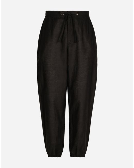 Dolce & Gabbana Black Linen And Cotton Jogging Pants With Logo Label for men