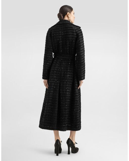 Dolce & Gabbana Black Tweed Coat With Micro-Sequin Embellishment