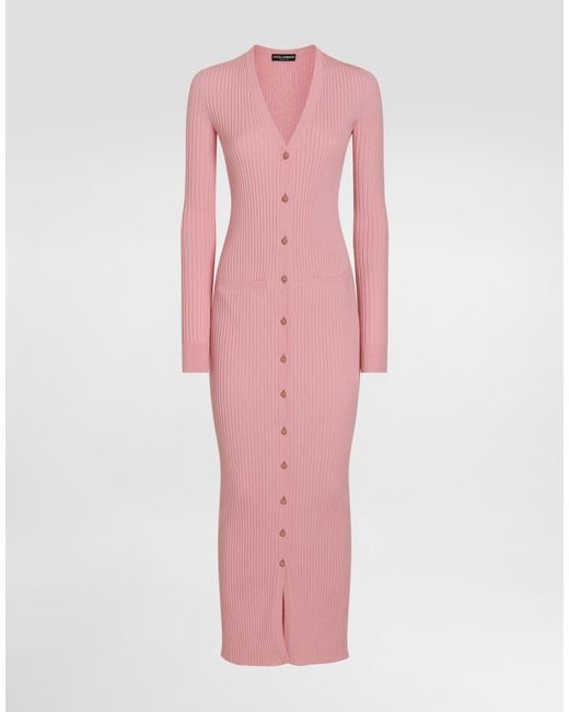 Dolce & Gabbana Pink Long Ribbed Wool Cardigan