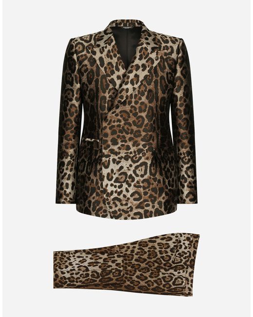 Dolce & Gabbana Black Double-Breasted Leopard-Design Jacquard Sicilia-Fit Suit for men