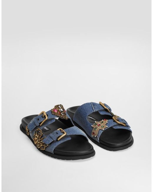 Dolce & Gabbana Blue Flat Denim Slippers With Embroidery
