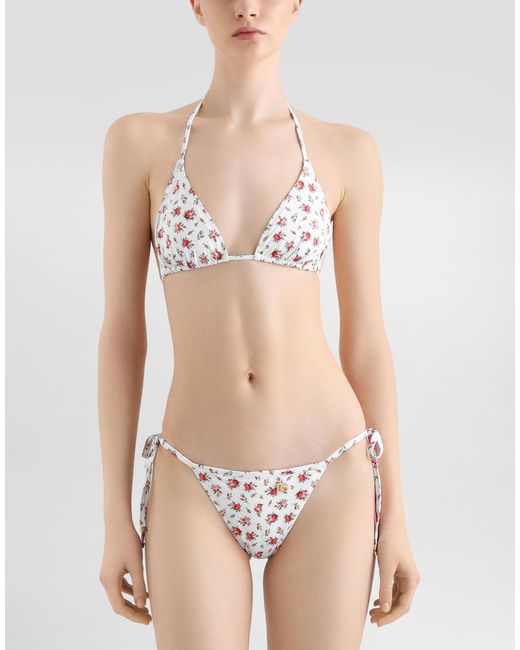 Dolce & Gabbana White Small Rose-Print Triangle Bikini