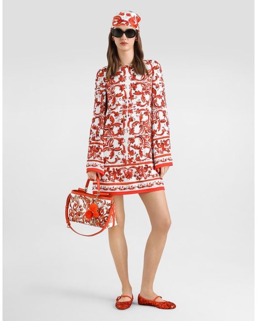 Dolce & Gabbana Red Majolica-Print Charmeuse Dress With Embroidery