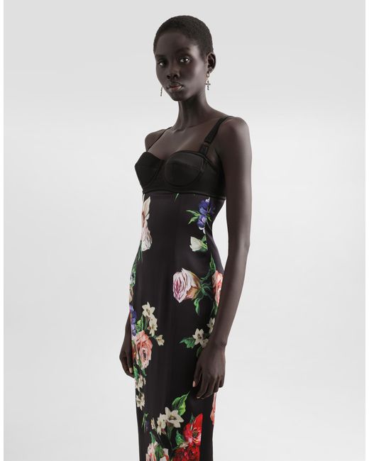 Dolce & Gabbana White Slip Dress Mit Bh-Detail Aus Satin Blumenprint
