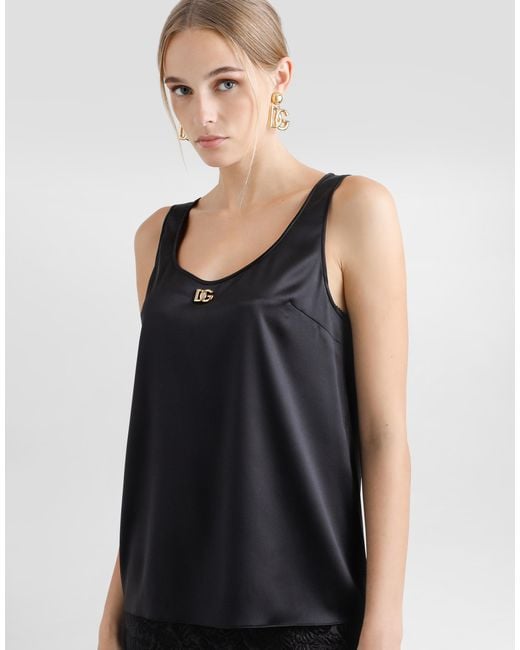 Dolce & Gabbana Black Satin Tank Top With Dg Logo Pin