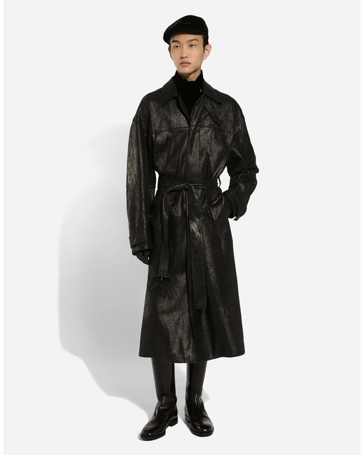 Dolce & Gabbana Black Leather Belted Trench Coat for men