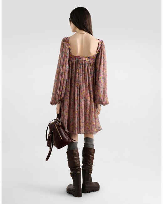 Dolce & Gabbana Brown Small Floral-Print Chiffon Dress With Lace