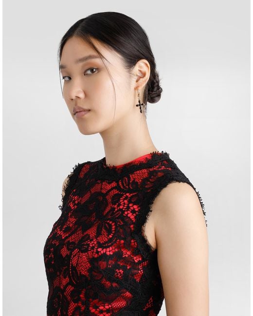 Dolce & Gabbana Red Calf-Length Floral Lace Sheath Dress With Contrasting Lining