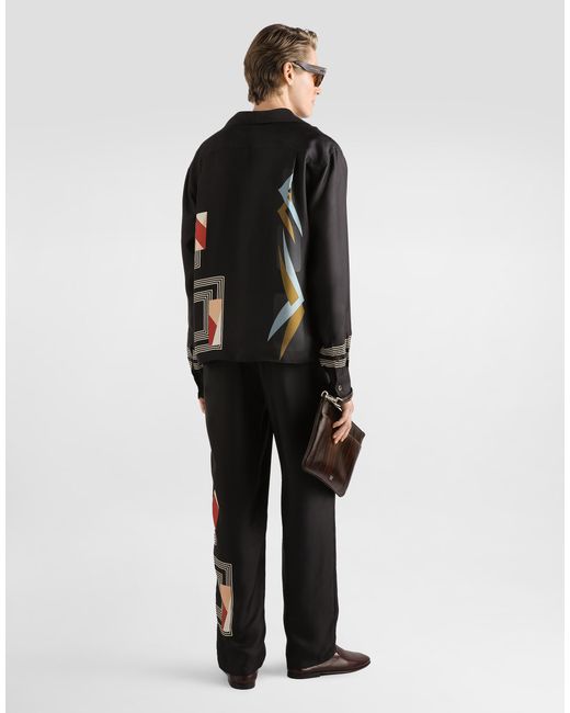 Dolce & Gabbana Black Geometric-Print Twill Shirt for men