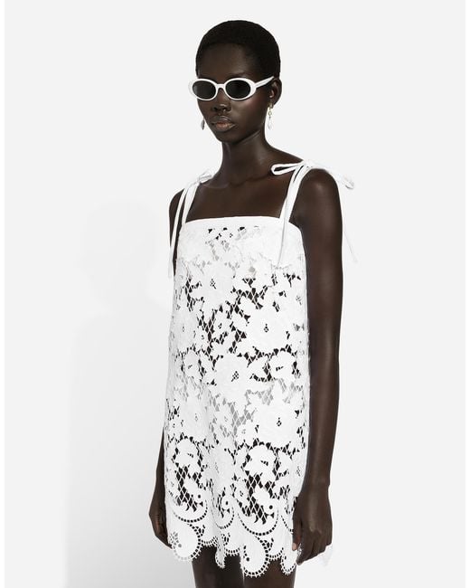 Dolce & Gabbana White Cotton Minidress With Floral Openwork Embroidery
