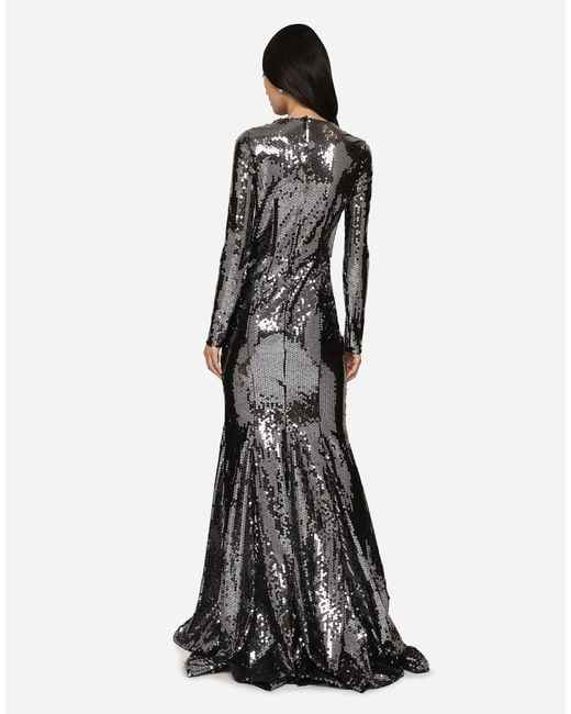 Dolce & Gabbana White Long Sequined Dress With Corset Detailing
