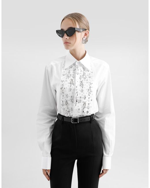 Dolce & Gabbana White Cotton Tuxedo Shirt With Rhinestone-Embroidered Shirt Front