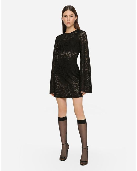 Dolce & Gabbana Black Short Lace-Stitch Dress With Full Sleeves