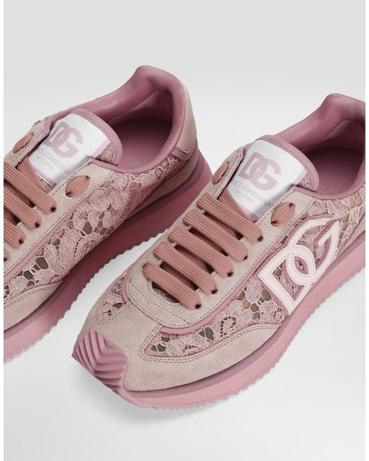 Dolce & Gabbana Pink Sneakers Dg Cushion Aus Spitze Und Kalbsleder
