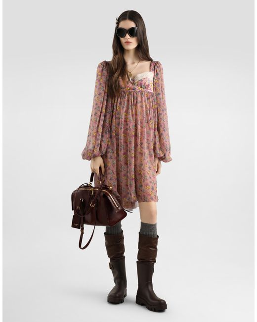 Dolce & Gabbana Brown Small Floral-Print Chiffon Dress With Lace